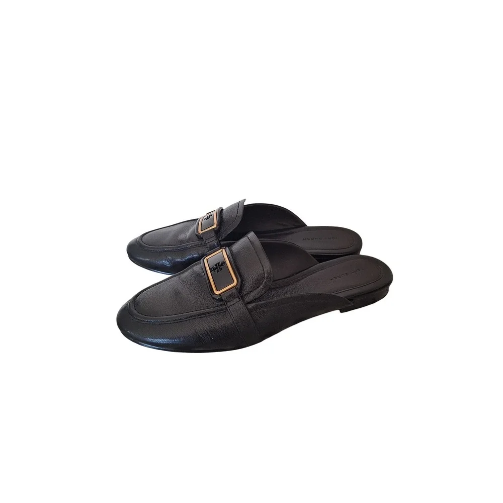 Tory Burch Black Leather Loafers Mules Slides Shoes Size 10.M